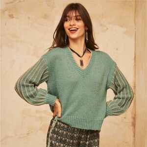 NKN Nekane Meli Aqua Gold Lurex V-Neck Wool Blend Sweater Medium/Large NWT